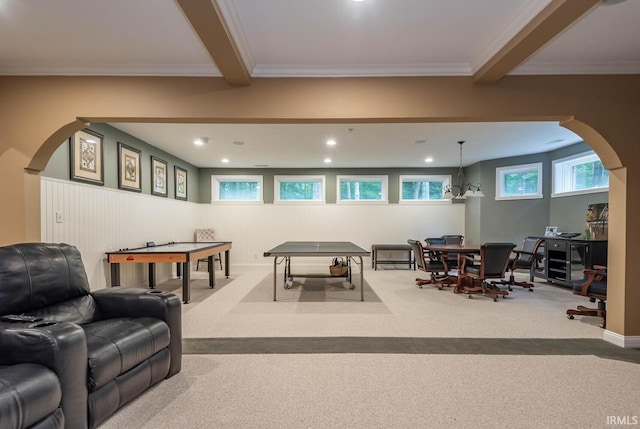 3104 E Chase Ln, Bloomington, IN 47401 - recreation room featuring carpet, arched walkways, healthy amount of natural light, ornamental molding, and recessed lighting