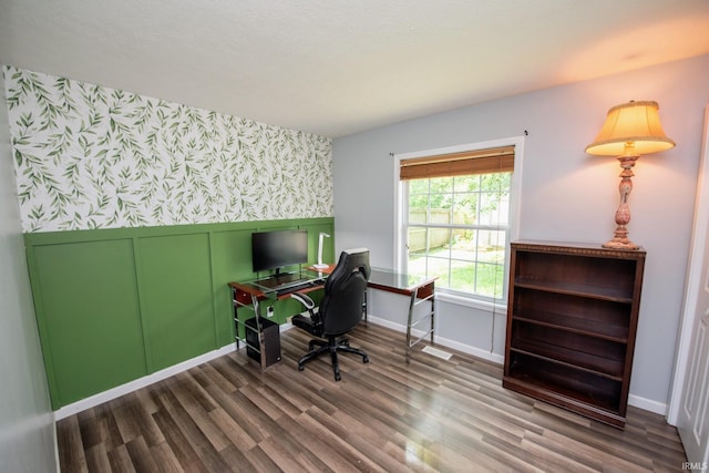 3030 Jamestown Cir, Lafayette, IN 47909 - office area with wallpapered walls, wainscoting, wood finished floors, a decorative wall, and an accent wall
