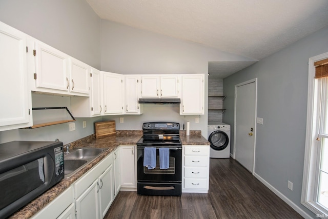 3030 Jamestown Cir, Lafayette, IN 47909 - kitchen with black appliances, washer / dryer, under cabinet range hood, vaulted ceiling, and white cabinets