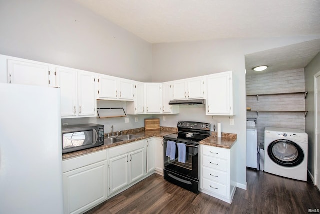 3030 Jamestown Cir, Lafayette, IN 47909 - kitchen with black appliances, under cabinet range hood, white cabinetry, dark wood finished floors, and independent washer and dryer