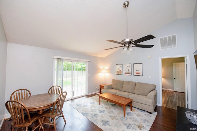 3030 Jamestown Cir, Lafayette, IN 47909 - living area with vaulted ceiling, dark wood-style flooring, and a ceiling fan