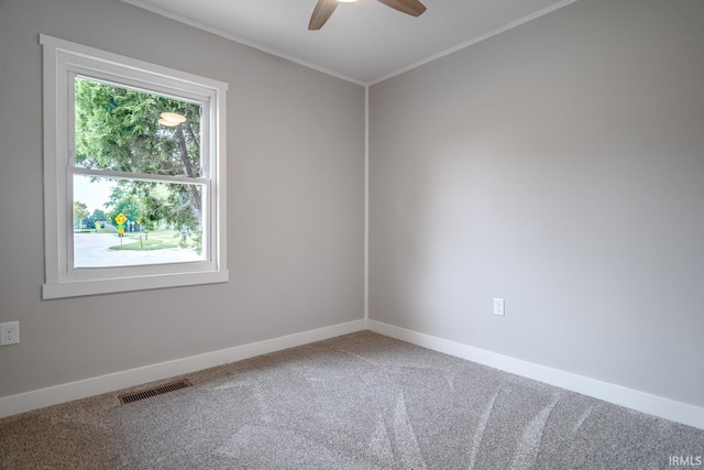 1004 Shenandoah Dr, Lafayette, IN 47905 - spare room featuring carpet floors, a ceiling fan, and crown molding
