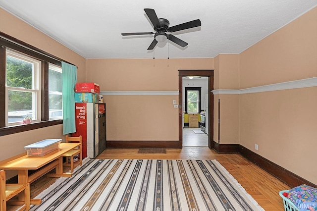19252 Cleveland Rd, South Bend, IN 46637 - interior space featuring wood finished floors, plenty of natural light, and a ceiling fan