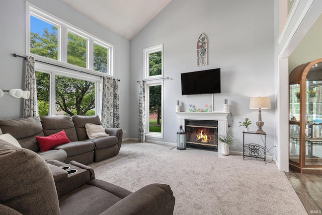 51790 Sulkey Ct, Granger, IN 46530 - carpeted living room featuring high vaulted ceiling and a fireplace with flush hearth