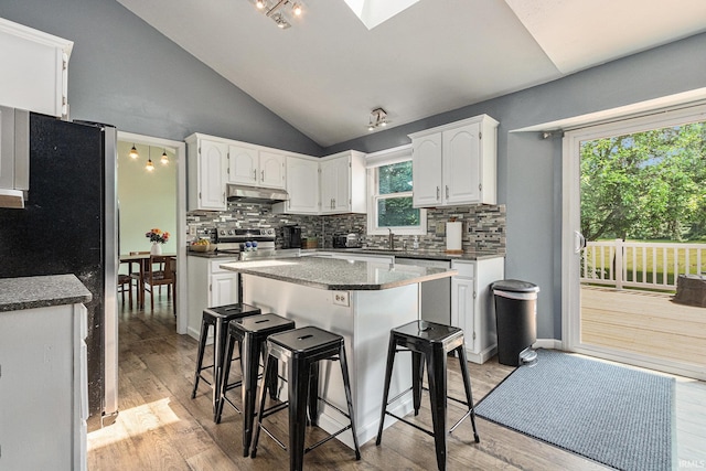 51790 Sulkey Ct, Granger, IN 46530 - kitchen with under cabinet range hood, appliances with stainless steel finishes, white cabinetry, decorative backsplash, and lofted ceiling