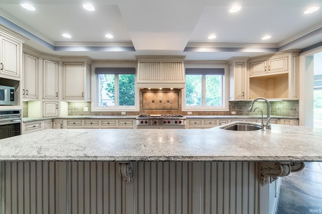 3328 Tarrant Springs Trl, Fort Wayne, IN 46804 - kitchen featuring cream cabinets, plenty of natural light, stainless steel appliances, light stone countertops, and ornamental molding