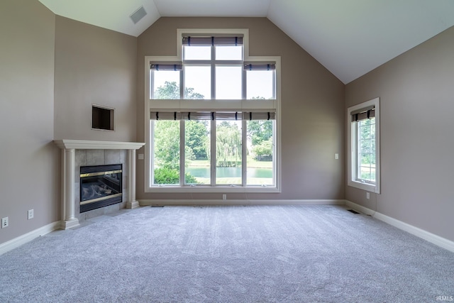 3328 Tarrant Springs Trl, Fort Wayne, IN 46804 - unfurnished living room featuring carpet floors, a fireplace, and high vaulted ceiling