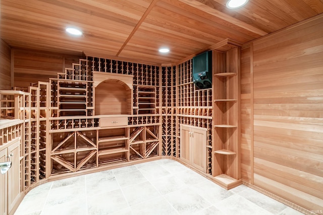 3328 Tarrant Springs Trl, Fort Wayne, IN 46804 - wine room with wooden walls, wood ceiling, and recessed lighting