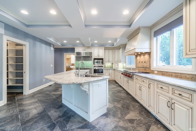 3328 Tarrant Springs Trl, Fort Wayne, IN 46804 - kitchen featuring stainless steel appliances, cream cabinets, light stone counters, backsplash, and crown molding