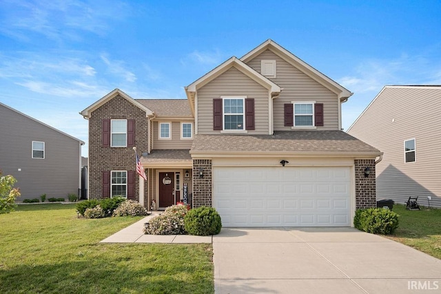 938 Sand Walk Ln, Kokomo, IN 46902 - traditional-style home with brick siding, driveway, a front yard, a garage, and roof with shingles