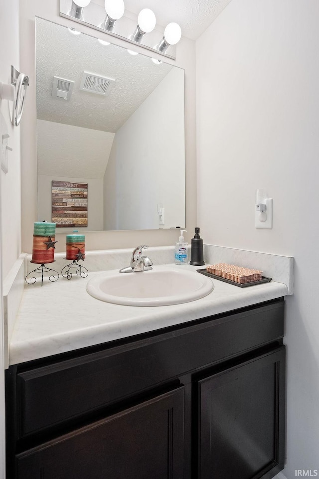938 Sand Walk Ln, Kokomo, IN 46902 - bathroom featuring vanity, lofted ceiling, and a textured ceiling