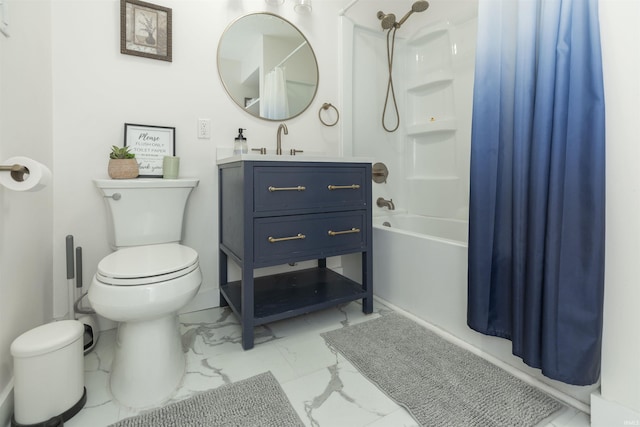 3623 Rexford Dr, South Bend, IN 46615 - bathroom featuring marble finish floors, vanity, and shower / bathtub combination with curtain