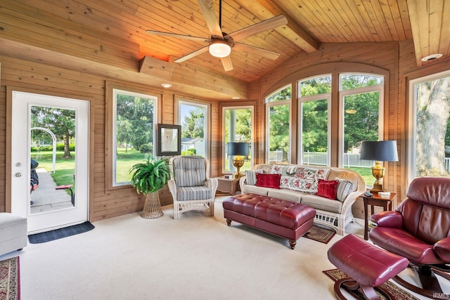 106 River Cove Ln, North Manchester, IN 46962 - carpeted living area with healthy amount of natural light, ceiling fan, wooden walls, and wood ceiling