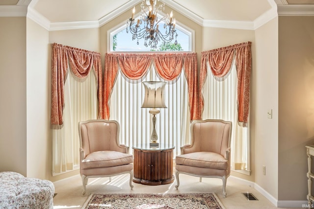 106 River Cove Ln, North Manchester, IN 46962 - living area featuring carpet floors, crown molding, and a chandelier