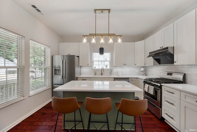 1009 Elliott St, Lafayette, IN 47905 - kitchen featuring stainless steel appliances, under cabinet range hood, a kitchen breakfast bar, a center island, and tasteful backsplash