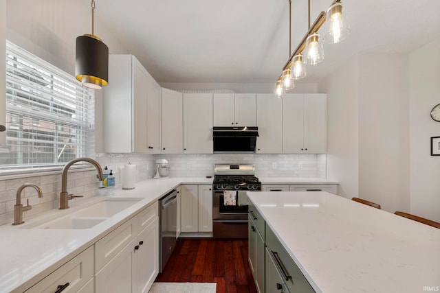 1009 Elliott St, Lafayette, IN 47905 - kitchen featuring appliances with stainless steel finishes, dark wood-style floors, tasteful backsplash, and white cabinets