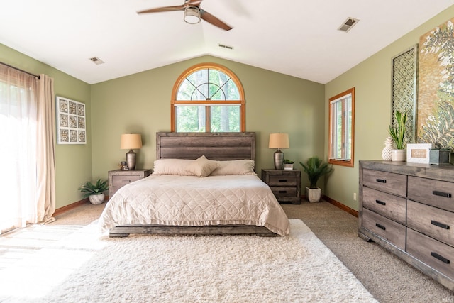 5549 S Tammany Ct, Bloomington, IN 47401 - bedroom with light carpet, lofted ceiling, and ceiling fan