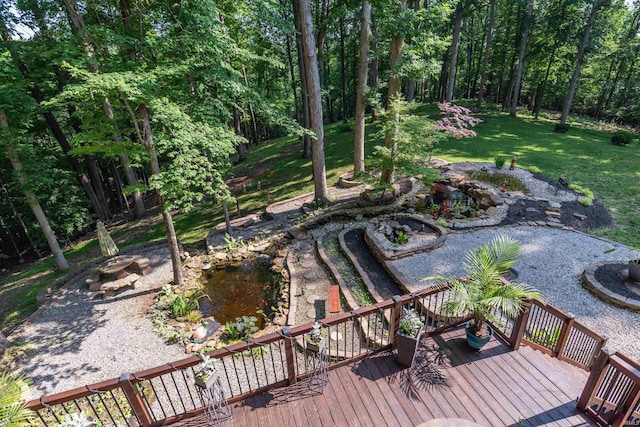 5549 S Tammany Ct, Bloomington, IN 47401 - view of grassy yard with a wooden deck and a small pond