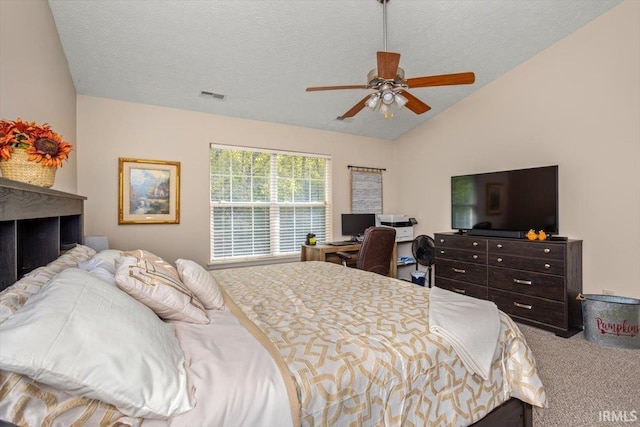 4103 Stergen Dr, Lafayette, IN 47909 - carpeted bedroom featuring lofted ceiling, a textured ceiling, and ceiling fan