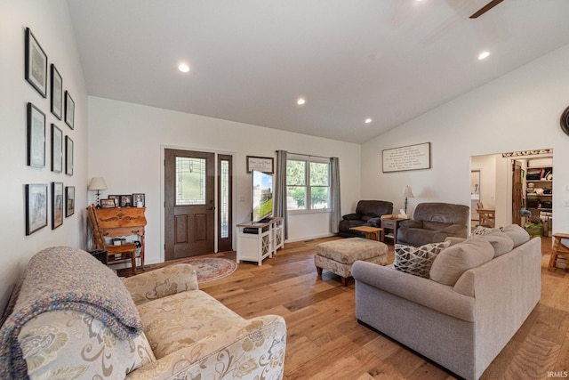 502 N Jefferson Ave, Fowler, IN 47944 - living room with recessed lighting, light wood finished floors, ceiling fan, and high vaulted ceiling