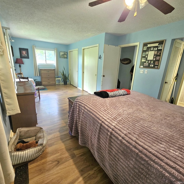 989 S Cataract Rd, Spencer, IN 47460 - bedroom featuring wood finished floors, two closets, a textured ceiling, and ceiling fan