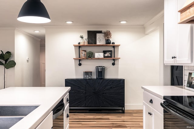 5157 N County Rd 850 W, Mulberry, IN 46058 - kitchen with light wood-type flooring, ornamental molding, white cabinets, open shelves, and light countertops