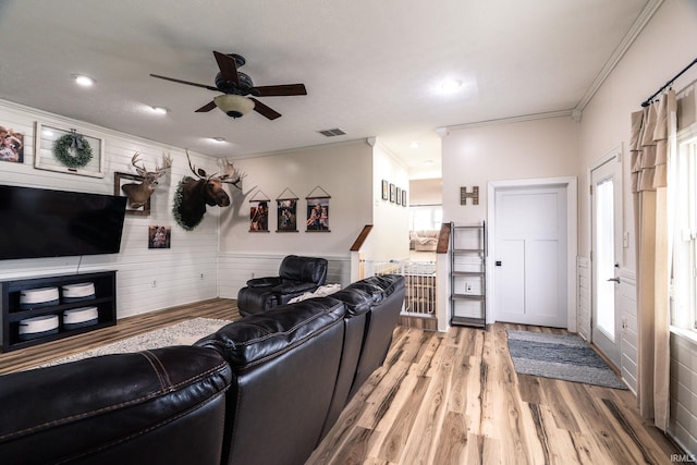 5157 N County Rd 850 W, Mulberry, IN 46058 - living area featuring a ceiling fan, ornamental molding, light wood-type flooring, recessed lighting, and wooden walls