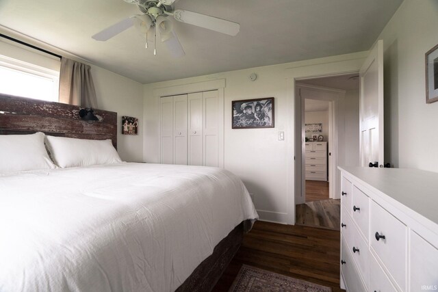 5157 N County Rd 850 W, Mulberry, IN 46058 - bedroom featuring dark wood finished floors, a closet, and ceiling fan