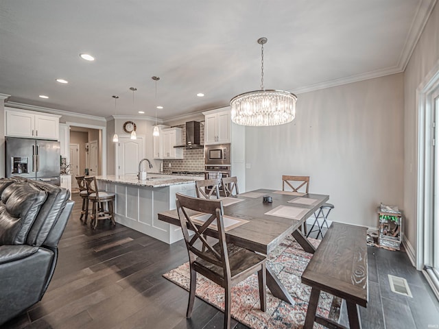 4261 Martha Ct, Newburgh, IN 47630 - dining room with dark wood-style floors, a chandelier, ornamental molding, and recessed lighting