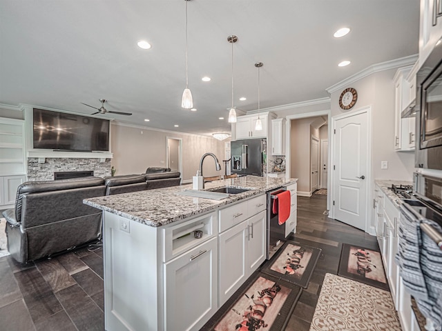 4261 Martha Ct, Newburgh, IN 47630 - kitchen featuring high end refrigerator, a ceiling fan, ornamental molding, dishwasher, and white cabinets