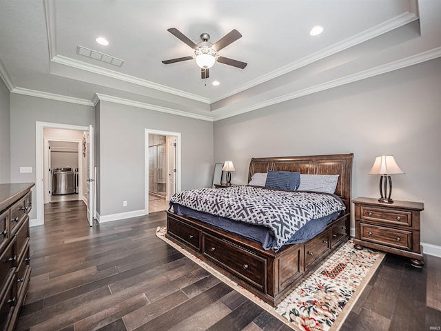 4261 Martha Ct, Newburgh, IN 47630 - bedroom featuring a tray ceiling, dark wood-type flooring, crown molding, ceiling fan, and ensuite bathroom