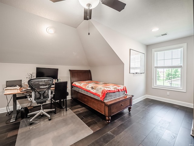 4261 Martha Ct, Newburgh, IN 47630 - bedroom featuring dark wood-style floors, a ceiling fan, lofted ceiling, and recessed lighting