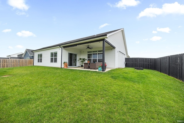 4831 Leeward Ln, Lafayette, IN 47909 - back of house featuring ceiling fan, a fenced backyard, outdoor lounge area, and a patio area
