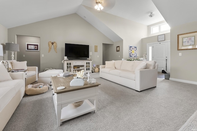 773 Sycamore St, Decatur, IN 46733 - living room featuring high vaulted ceiling, carpet, and a ceiling fan