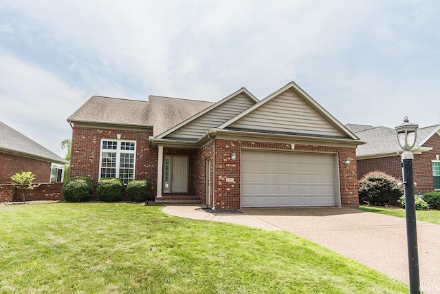 2123 Bunker Ln, Evansville, IN 47725 - view of front of property featuring brick siding, driveway, an attached garage, a front yard, and roof with shingles