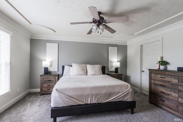 2123 Bunker Ln, Evansville, IN 47725 - bedroom with carpet, crown molding, a textured ceiling, and a ceiling fan
