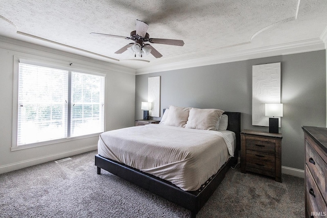 2123 Bunker Ln, Evansville, IN 47725 - bedroom with crown molding, a textured ceiling, dark colored carpet, and a ceiling fan