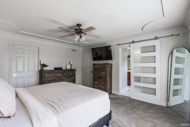 2123 Bunker Ln, Evansville, IN 47725 - bedroom featuring a barn door, carpet floors, crown molding, and ceiling fan