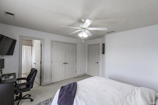 2123 Bunker Ln, Evansville, IN 47725 - bedroom featuring light colored carpet, an office area, ceiling fan, and a closet