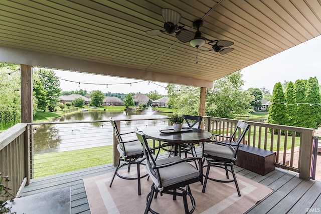 2123 Bunker Ln, Evansville, IN 47725 - wooden terrace with a water view, outdoor dining area, and ceiling fan