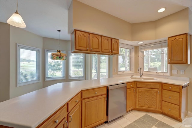 9109 S Front Nine Dr, Bloomington, IN 47401 - kitchen featuring stainless steel dishwasher, light countertops, a peninsula, decorative light fixtures, and recessed lighting