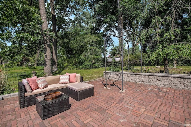 1730 Oak Park Dr, South Bend, IN 46617 - view of patio / terrace with an outdoor living space and view of wooded area