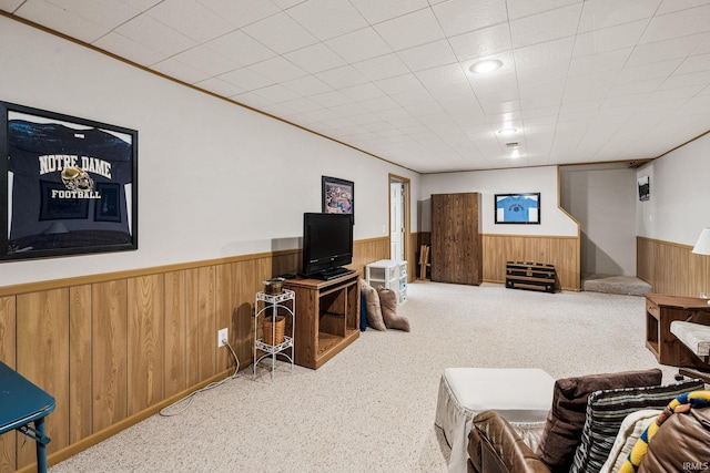 12199 Fields Farm Ct, Granger, IN 46530 - living area featuring wainscoting, wood walls, and carpet flooring