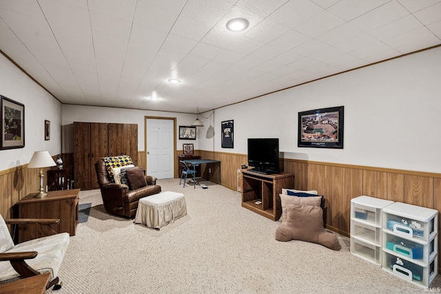 12199 Fields Farm Ct, Granger, IN 46530 - living room with a wainscoted wall, carpet, and wooden walls
