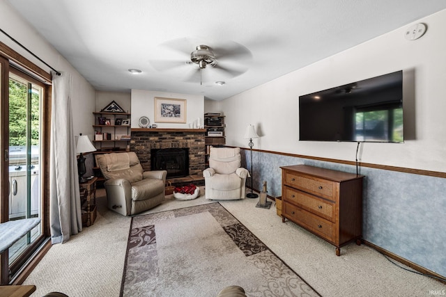 12199 Fields Farm Ct, Granger, IN 46530 - carpeted living room with a ceiling fan and a fireplace