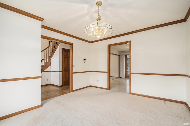 52206 Filbert Rd, Granger, IN 46530 - empty room with a chandelier, light carpet, ornamental molding, and stairway