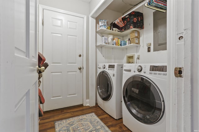 8855 Hickory Ln, Newburgh, IN 47630 - washroom with washing machine and dryer, dark wood finished floors, and electric panel