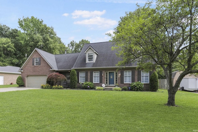 8855 Hickory Ln, Newburgh, IN 47630 - cape cod-style house featuring concrete driveway, brick siding, a front lawn, a garage, and roof with shingles