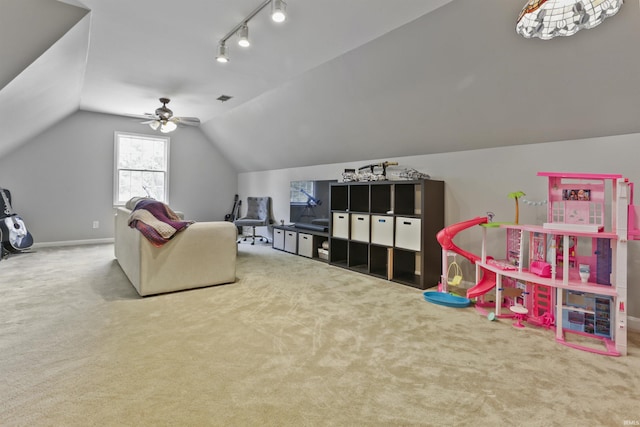 8855 Hickory Ln, Newburgh, IN 47630 - playroom with carpet floors, ceiling fan, and vaulted ceiling