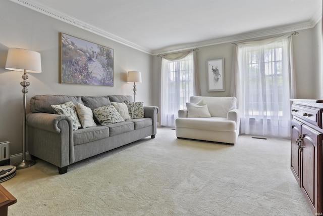 8855 Hickory Ln, Newburgh, IN 47630 - living room featuring crown molding and light colored carpet